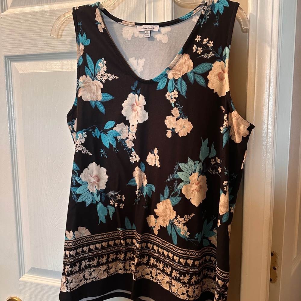 White Birch Floral Tank Top - Black and Teal